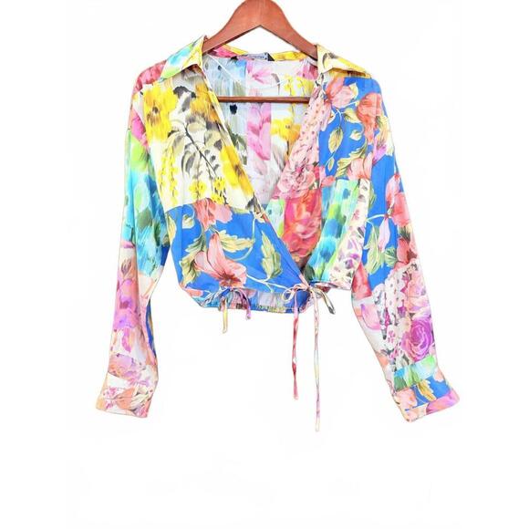 ZARA Shirt, Satin Multicolored Longsleeve Wrap shirt with Ties NWOT - Picture 4 of 12